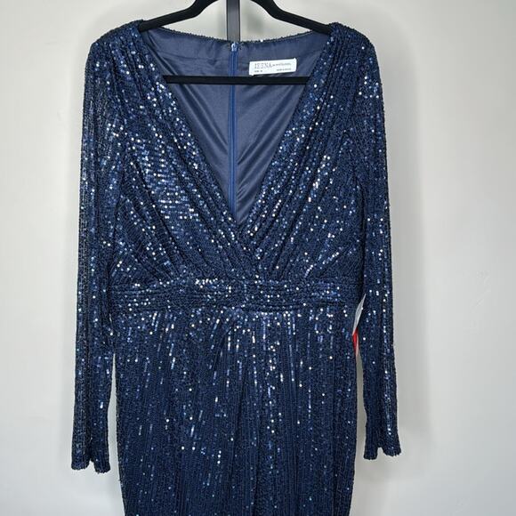 NWT IEENA for MAC DUGGAL Midnight Sequined Long Sleeve Gown High Slit - Picture 4 of 12